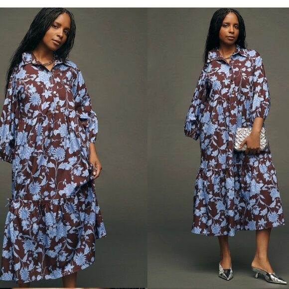 Anthropologie Dresses & Skirts - Anthropologie Maeve The Bettina Tiered Shirt Dress Maroon Blue Floral 100%Cotton
